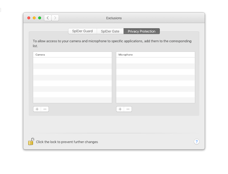 Screenshot: a whitelist for applications using the webcam and microphone