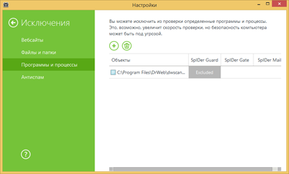 Единое окно настроек в Dr.Web: программы и процессы