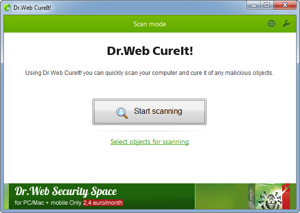 برنامج مكافحة وإزالة الفيروسات والبرامج الضارة Dr.WEB CureIt! 20.11.2018 Screen_Start_EN